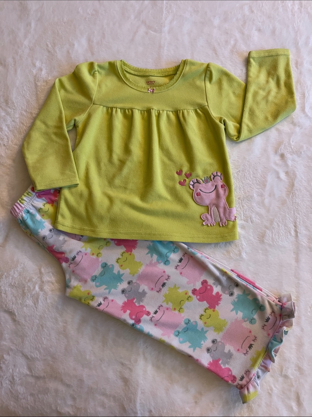 Carter’s Girls' Lime Green Frog Appliqué Pajama Set SZ 4